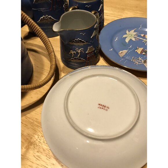 1920s Morimura Japan Moriage Tea Set Coffee Island Palm Trees Pagoda Gaudy Blue - Picture 14 of 16